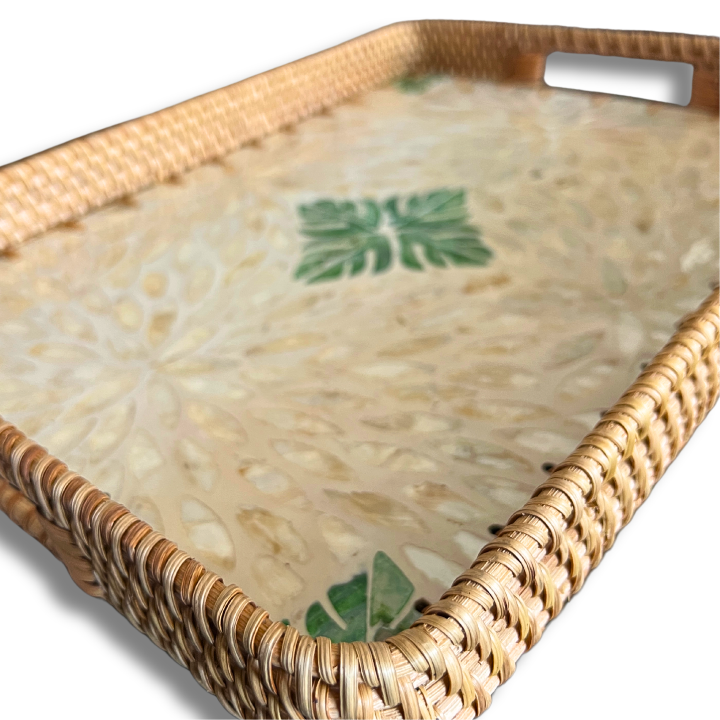 Green Leaf Design Mother of Pearl Rattan Round Tray