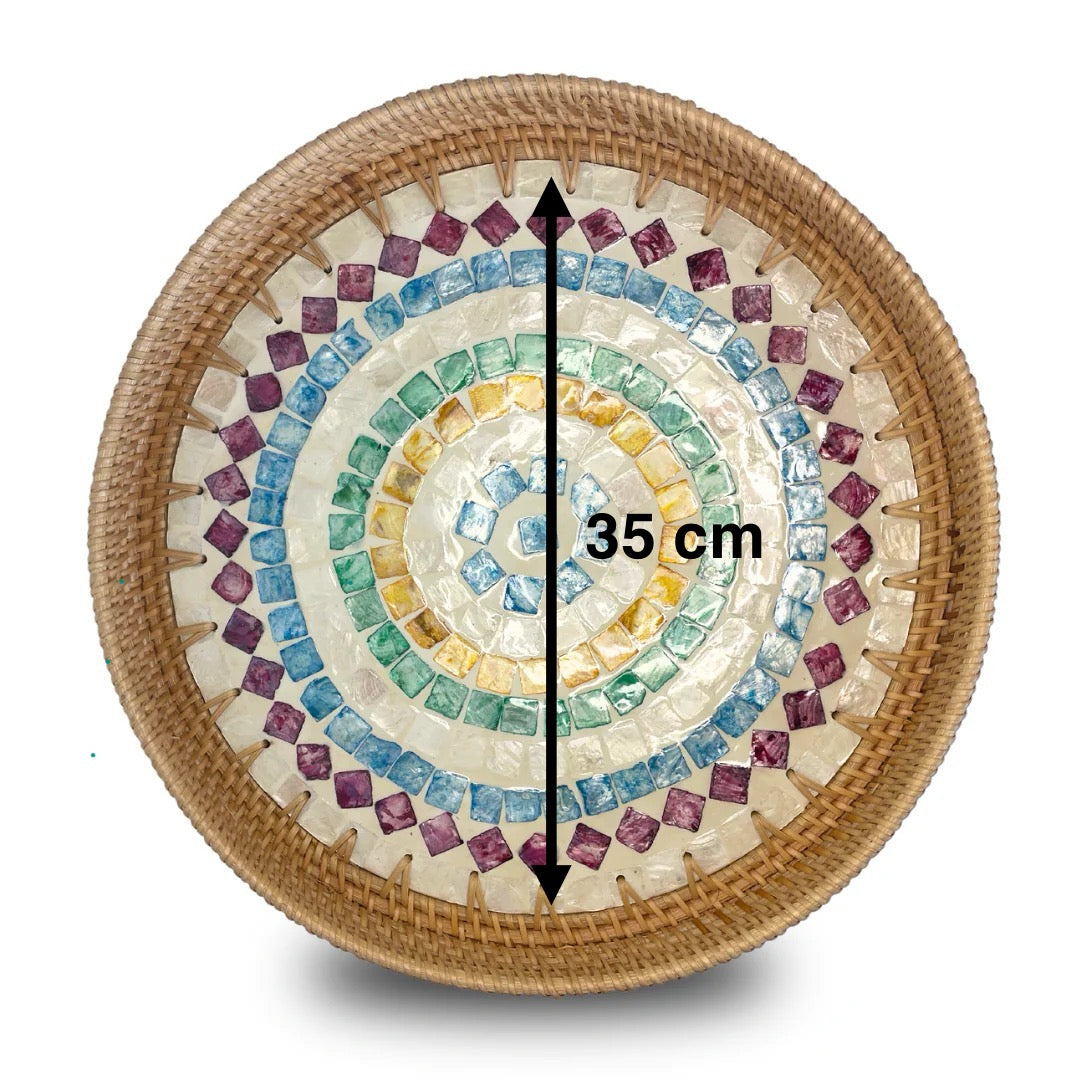 Colourful Design Sedef Kaplama Rattan Yuvarlak Tepsi