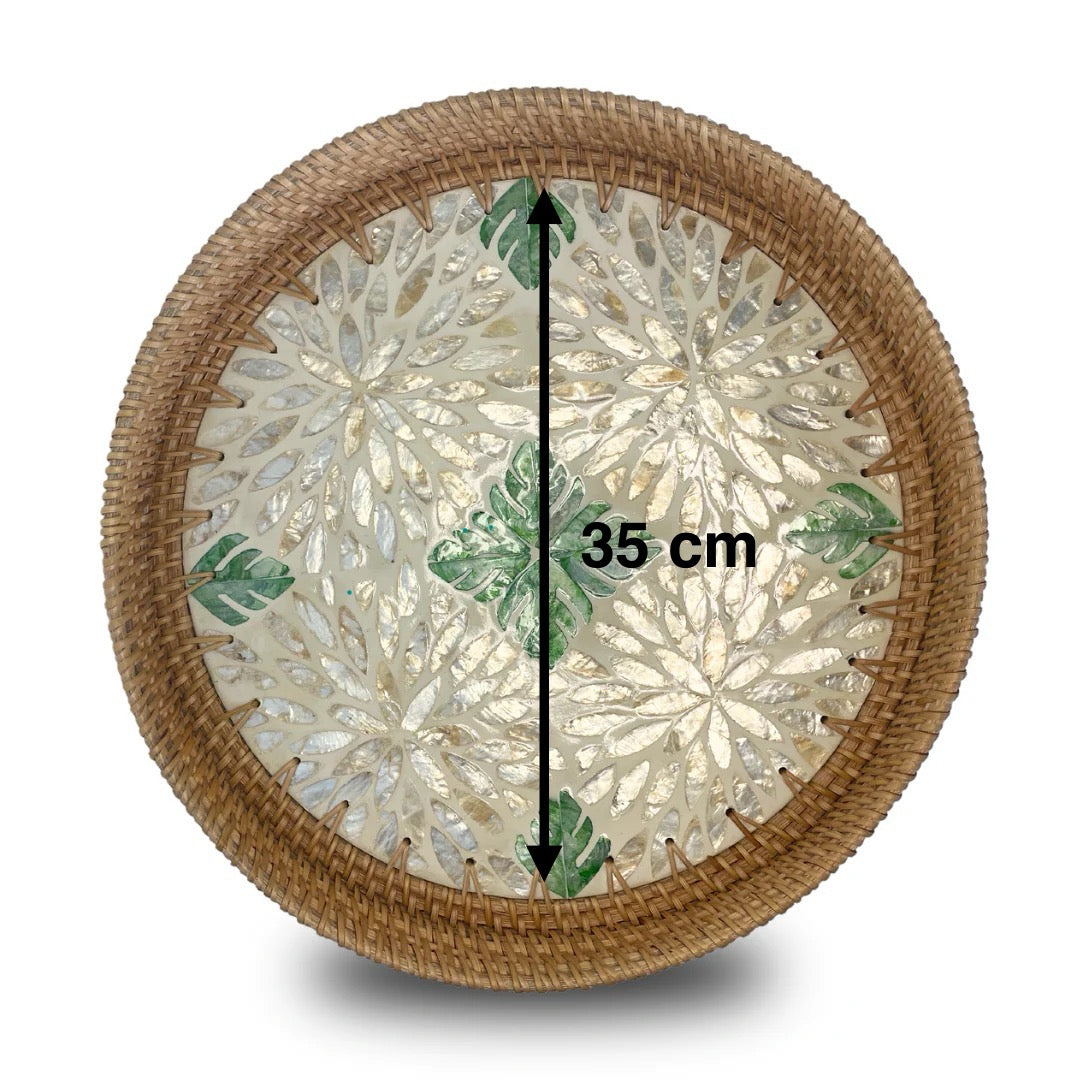Green Leaf Design Sedef Kaplama Rattan Yuvarlak Tepsi