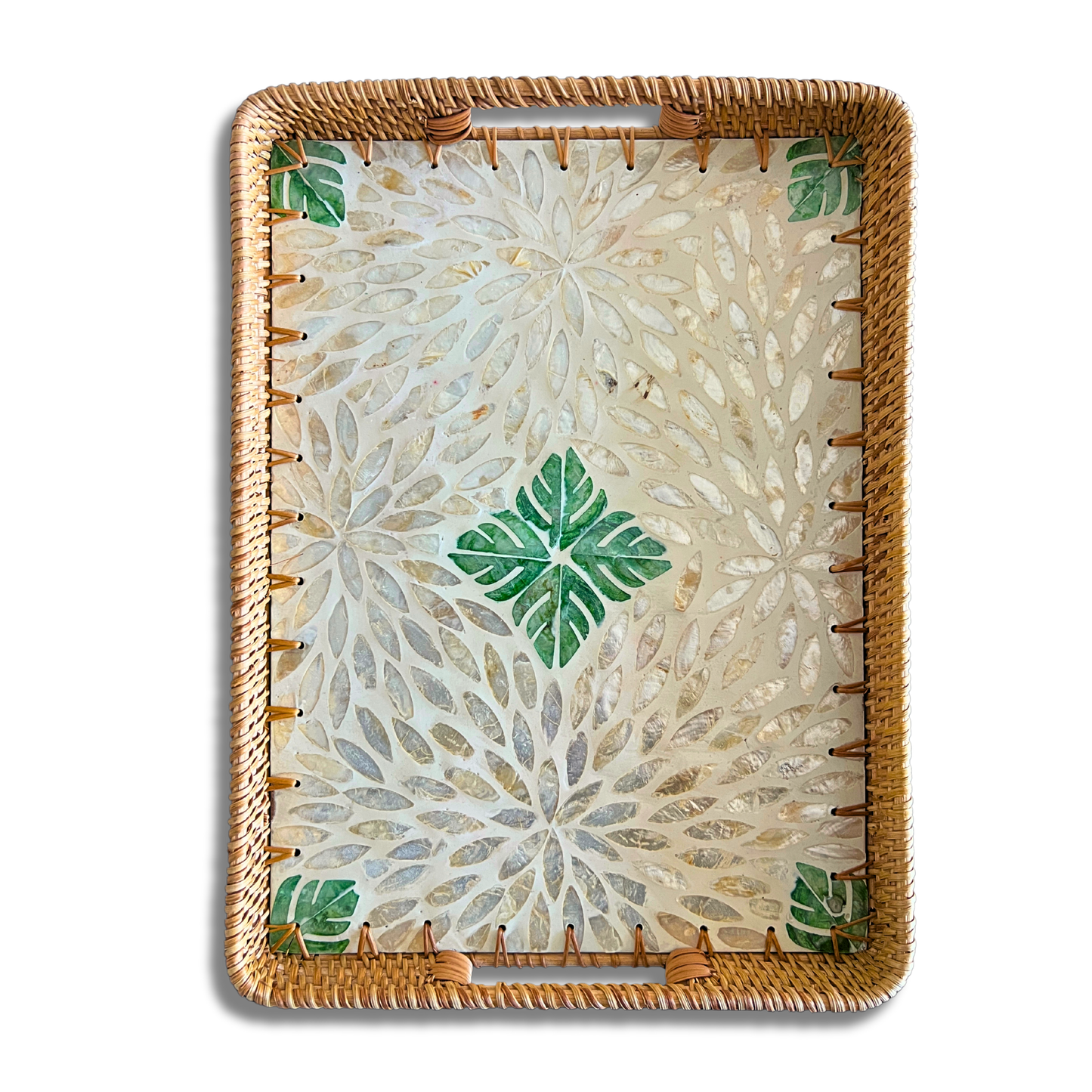 Green Leaf Design Sedef Kaplama Rattan Dikdörtgen Tepsi