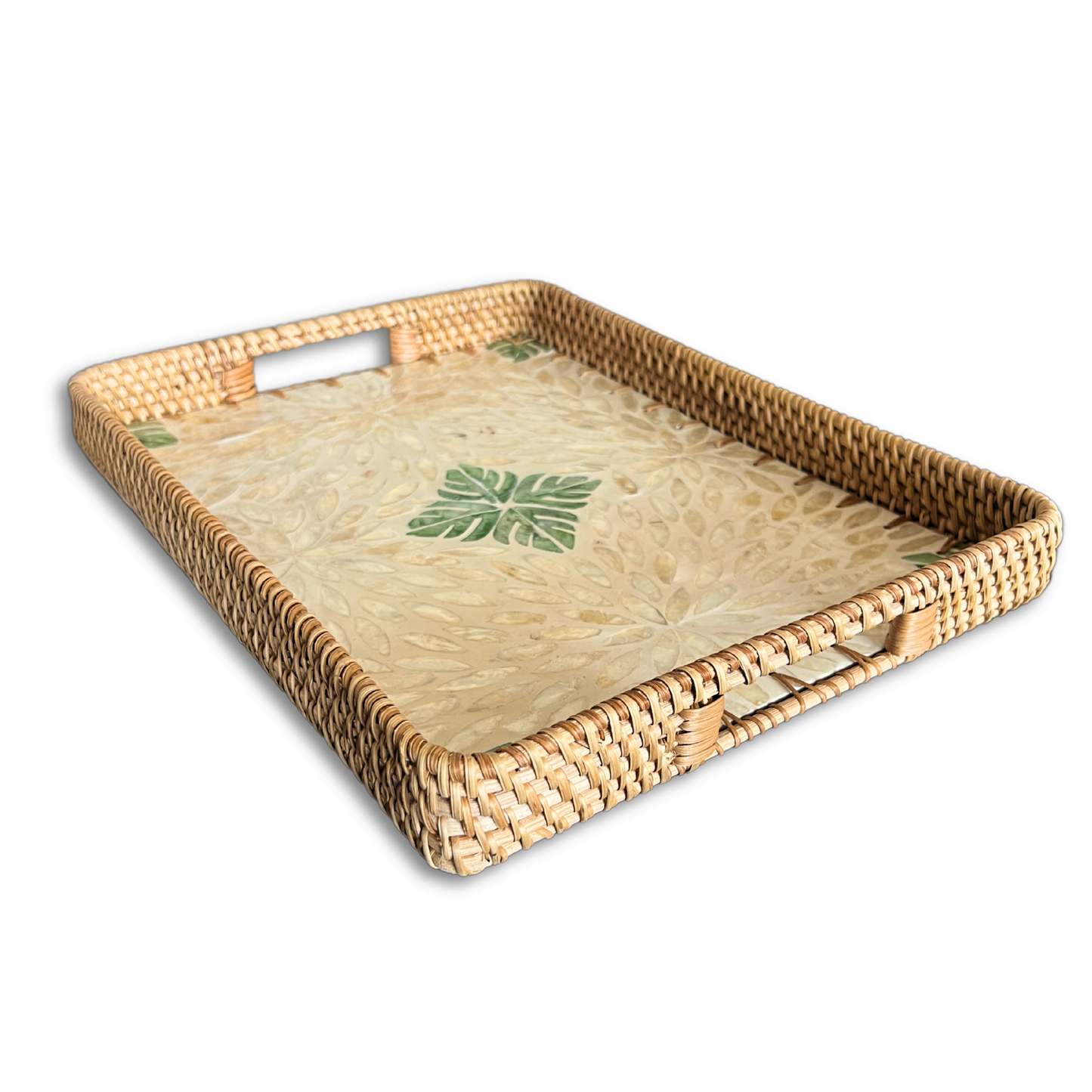 Green Leaf Design Sedef Kaplama Rattan Dikdörtgen Tepsi