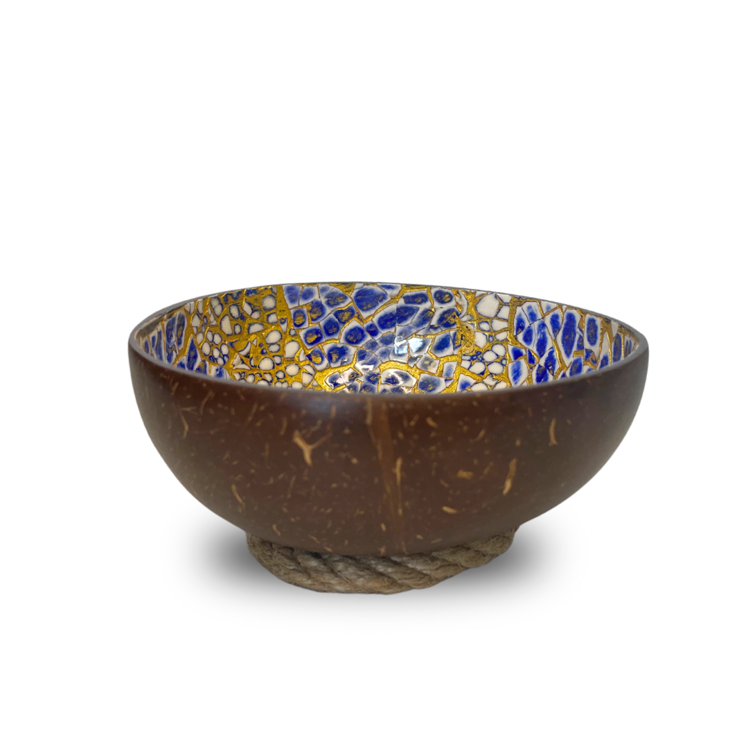 Blue and Gold Patterned Natural and Handmade Coconut Bowl