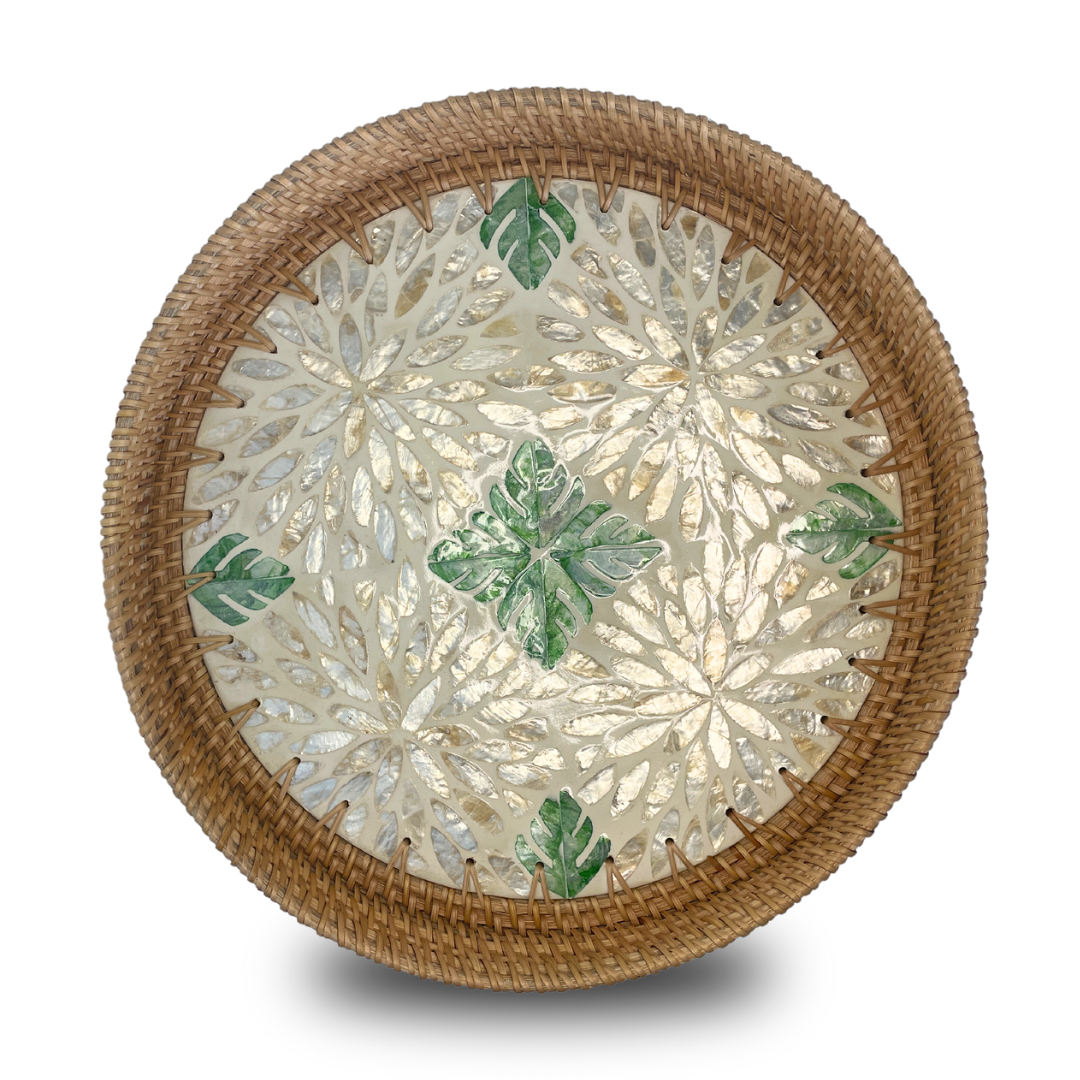 Mother of Pearl Coated Rattan Round Tray 