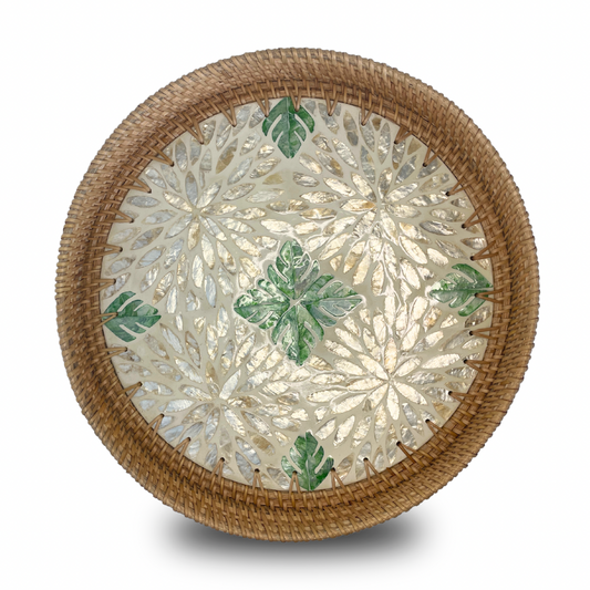 Mother of Pearl Coated Rattan Round Tray 