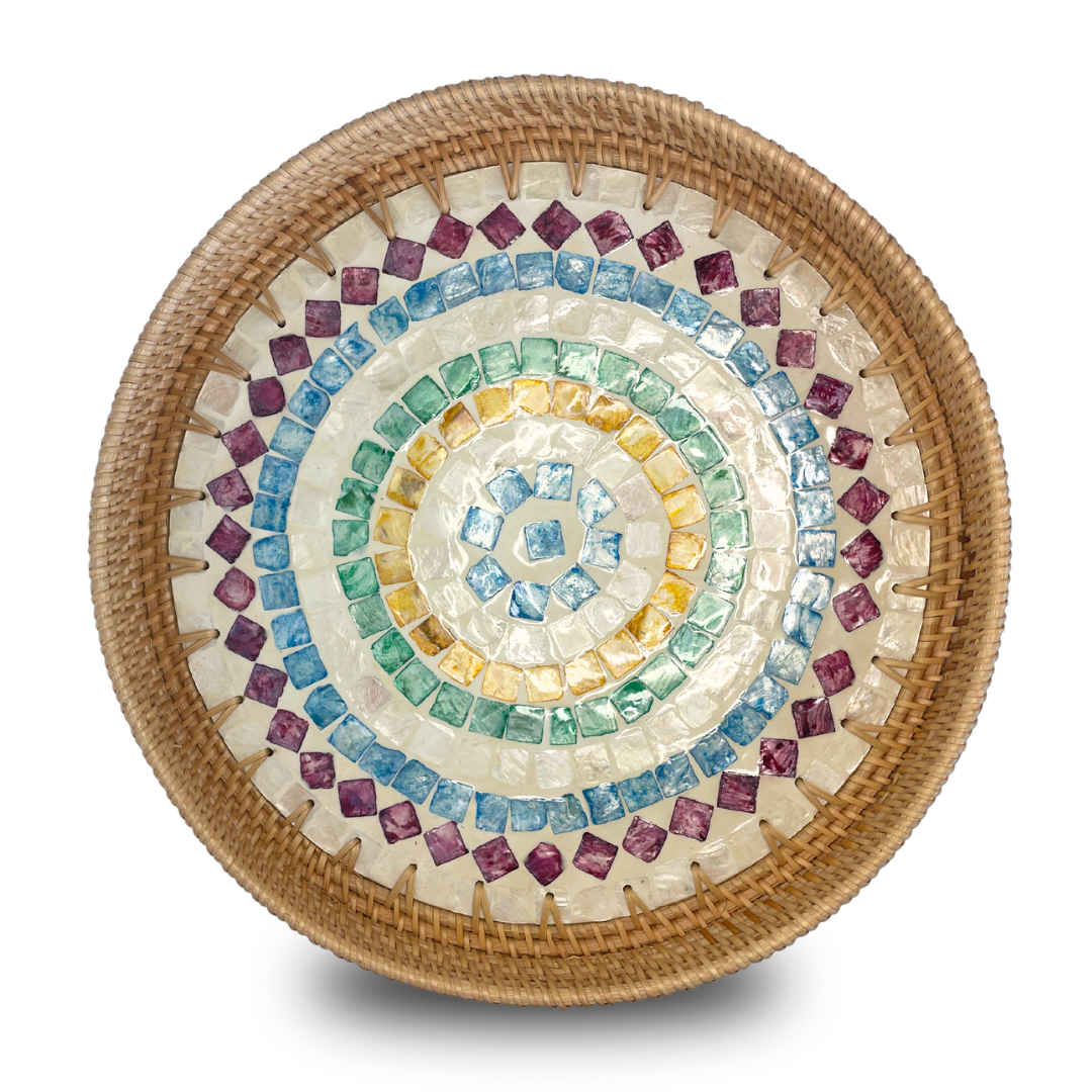 Mother of Pearl Coated Rattan Round Tray 