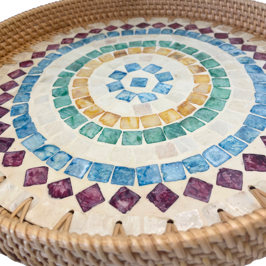 Mother of Pearl Coated Rattan Round Tray 