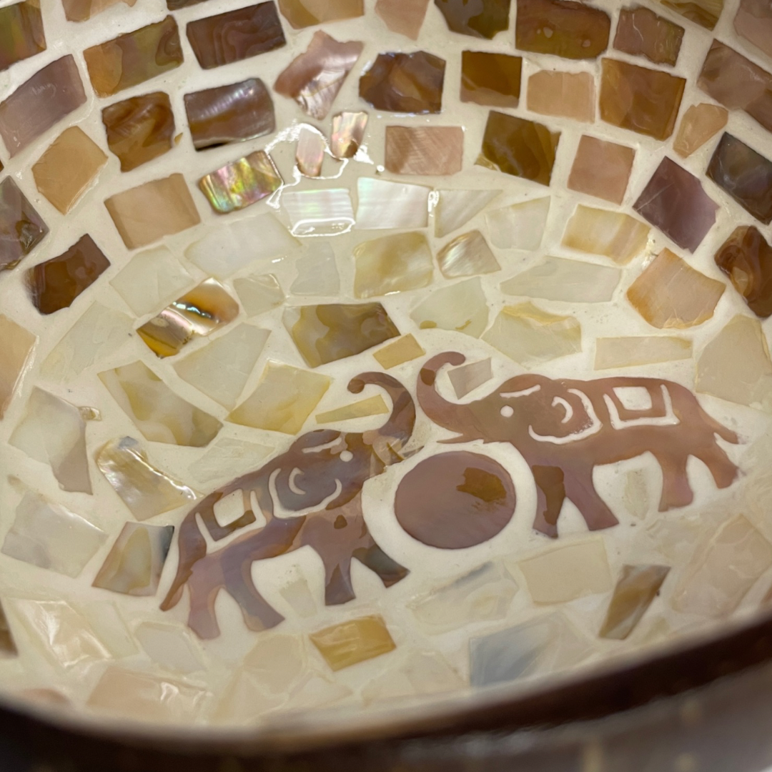 Set of 2 Mother of Pearl Coated Elephant Patterned Coconut Bowl