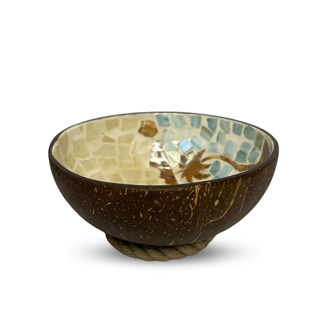 Mother of Pearl Veneer Landscape Patterned Coconut Bowl 