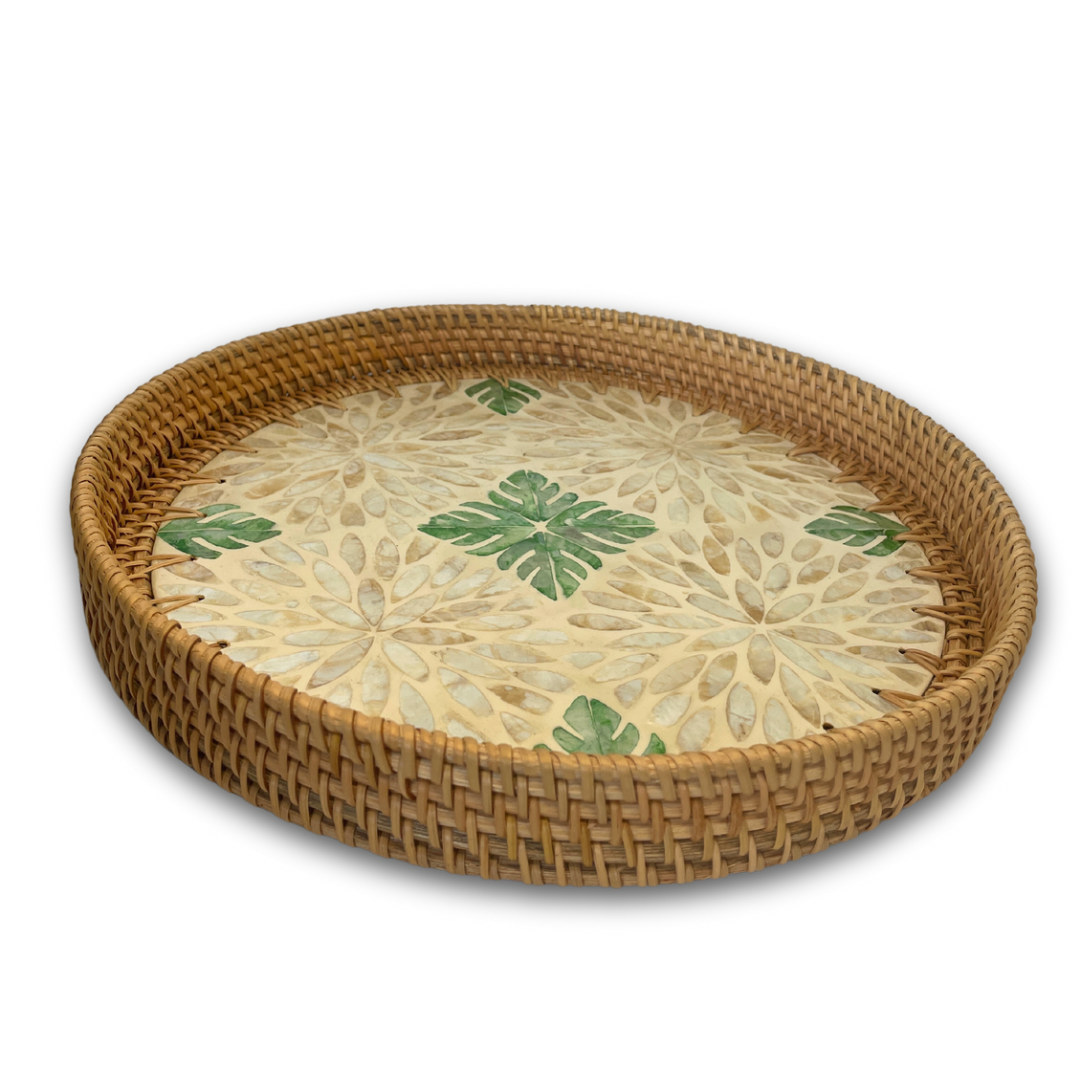 Mother of Pearl Coated Rattan Round Tray 